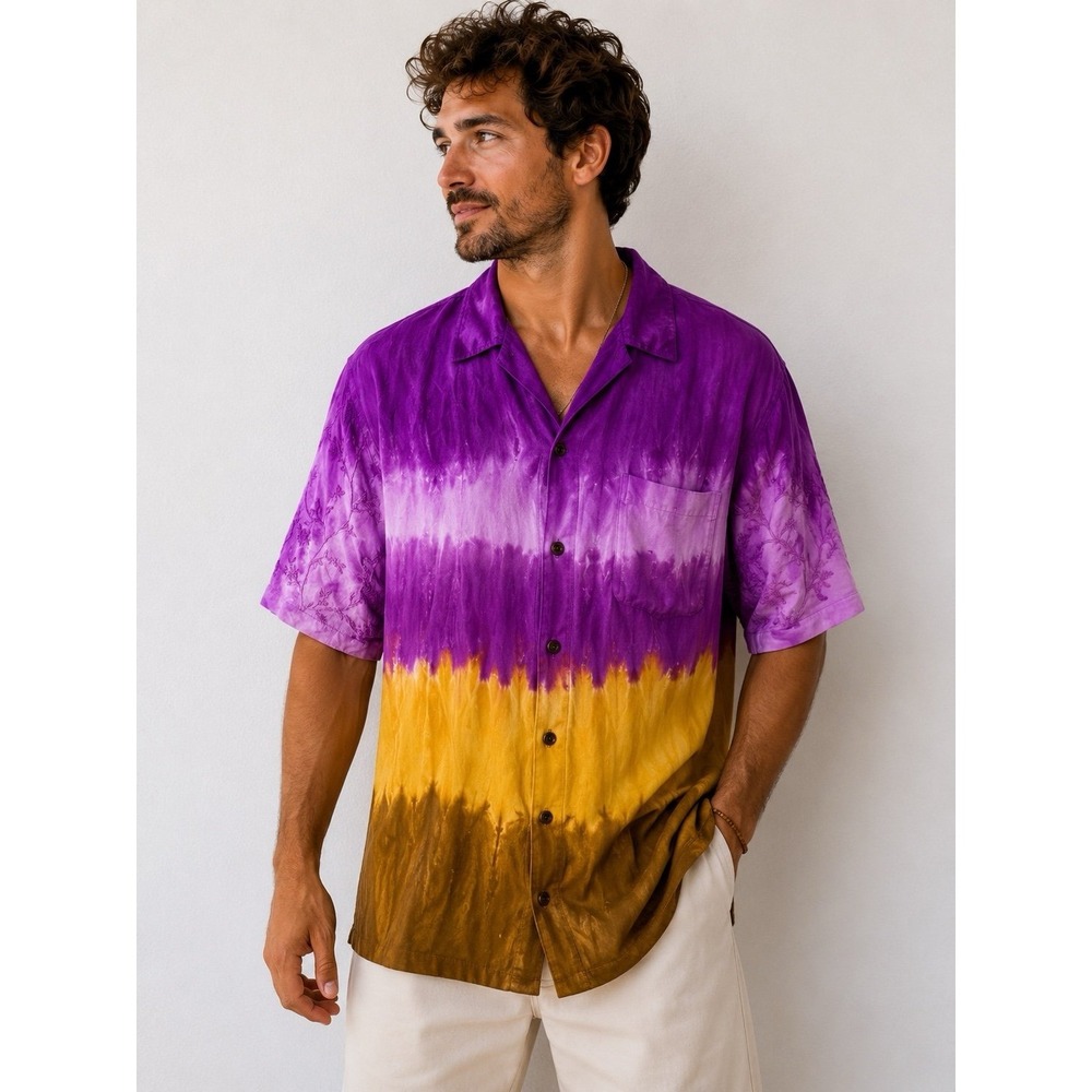 Earthbound Trading Co Tie Dye Rayon Camp Shirt Purple Yellow Mens XL Boho Hippie